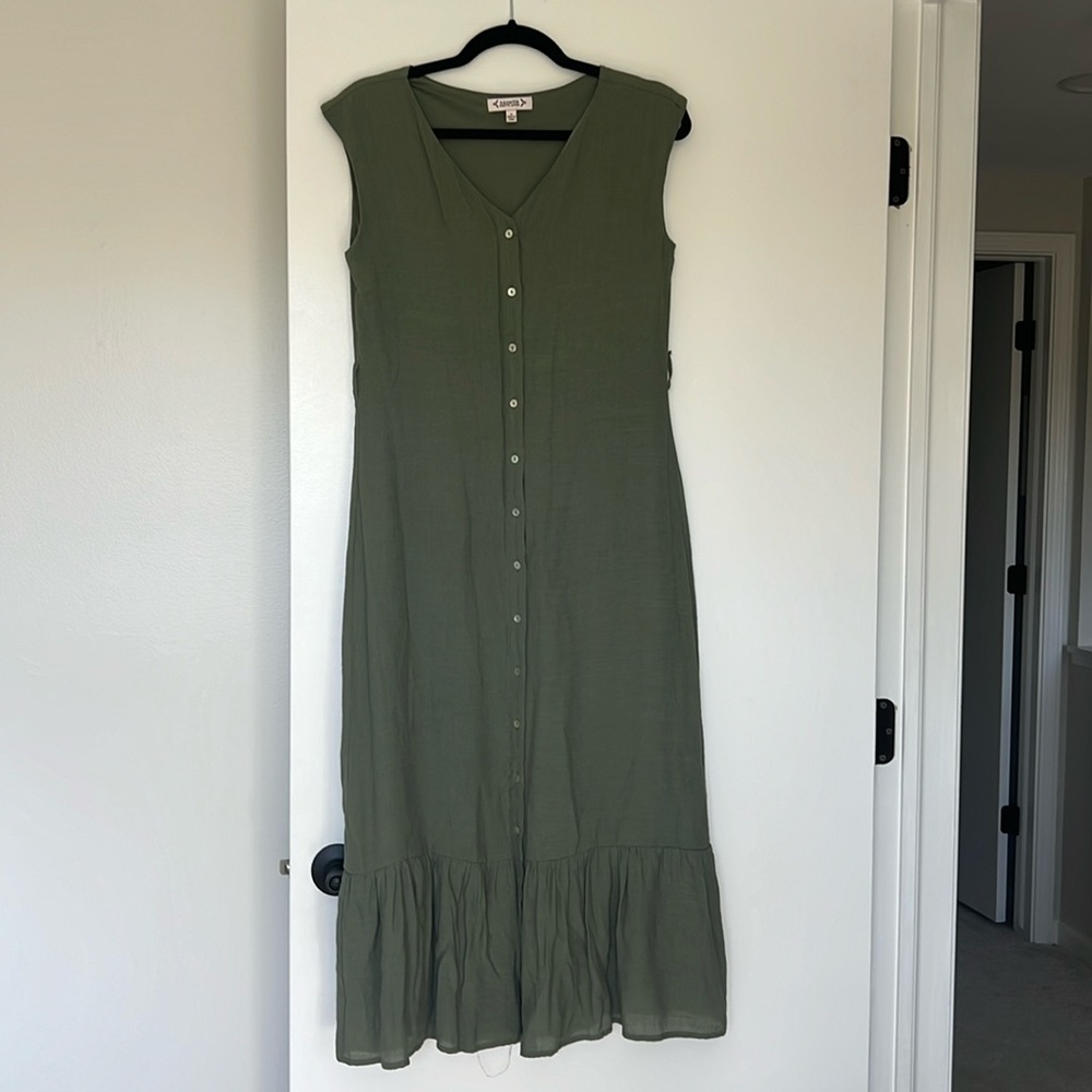 Army green muslin button up midi dress